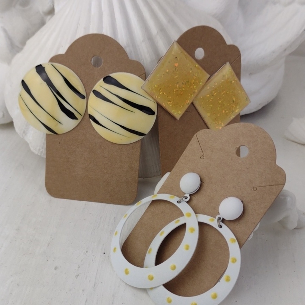 Yellow Cream Tiger Stripe Yellow Sparkly Square & Polka Dot Hoop Post Earrings